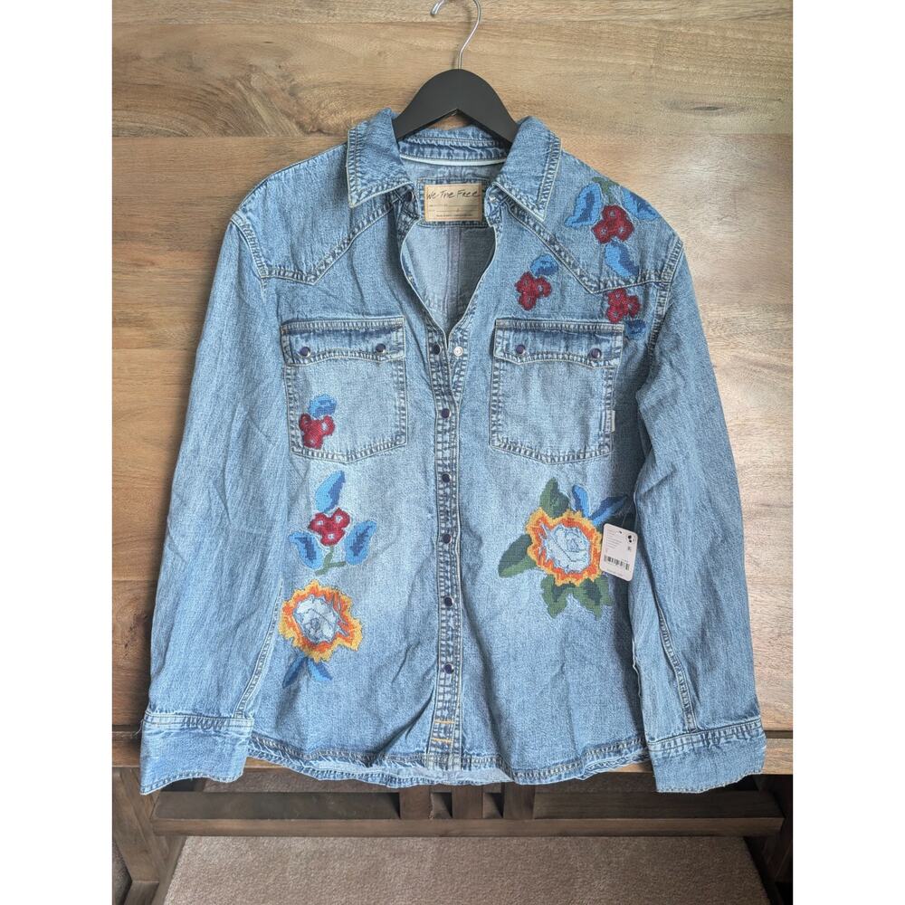 NWT Free People Oh the Places You'll Go Shirt Womens Small Blue Denim Snap Front